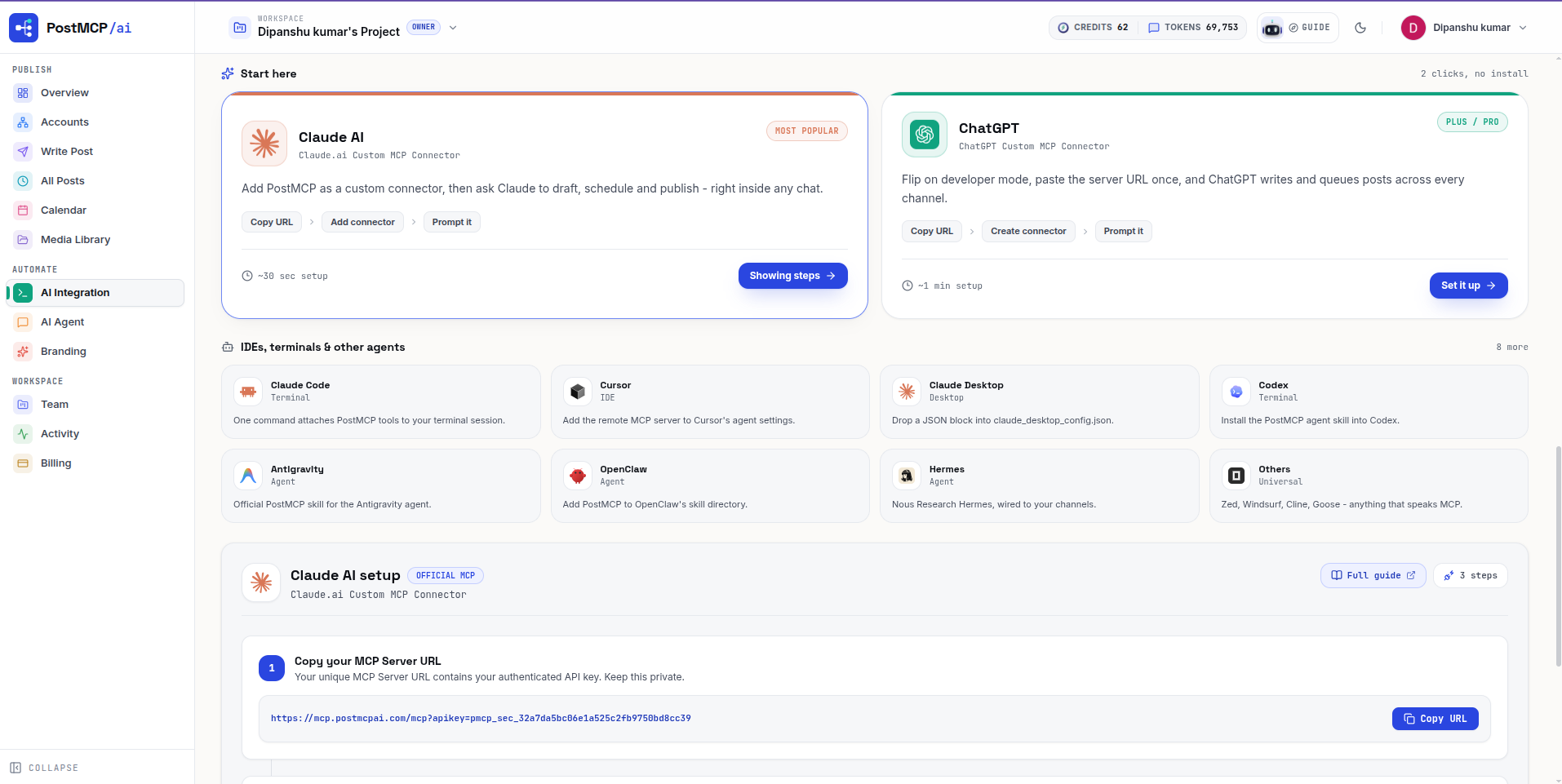 PostMCP AI Integration tab showing ChatGPT setup card and Copy URL button.