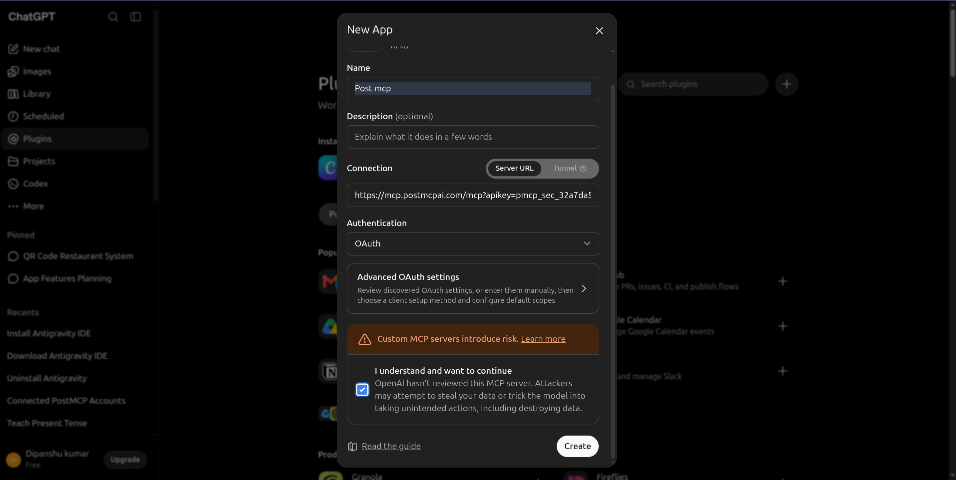 ChatGPT New App modal with Post mcp name, Server URL selected, PostMCP URL pasted, risk confirmation checked, and Create button active.