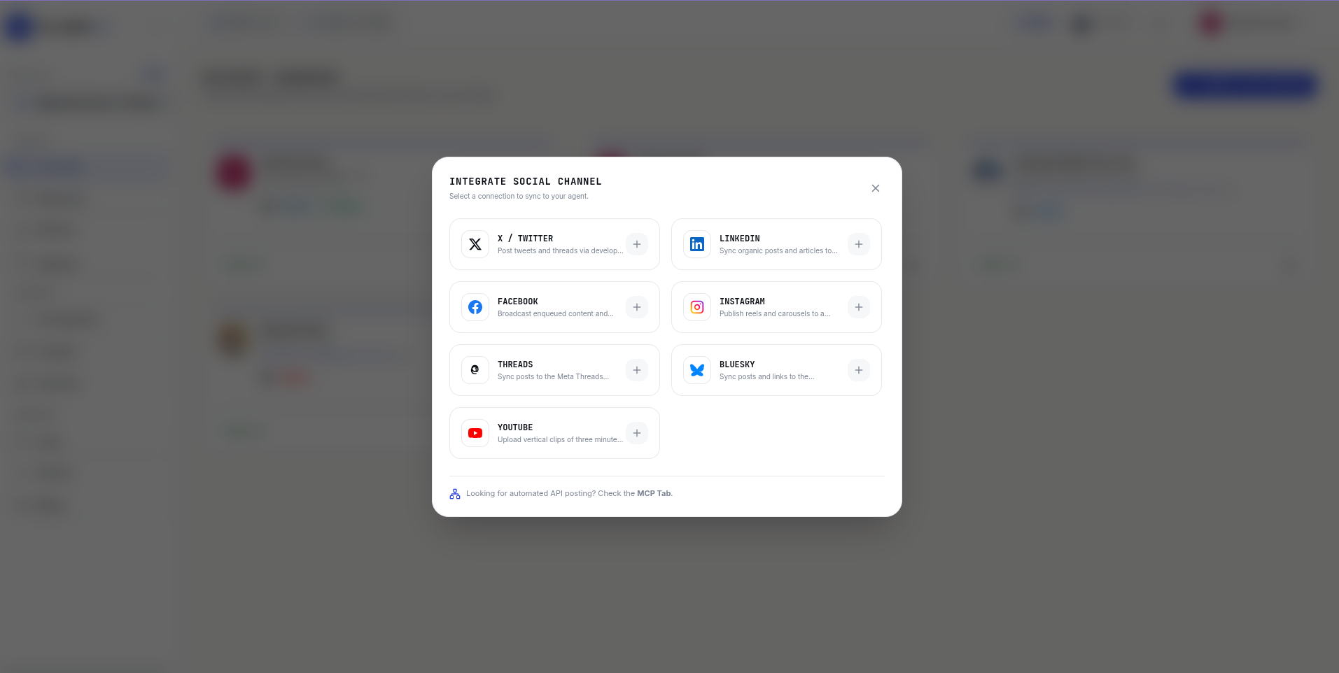 Integrate Social Channel modal in PostMCP showing X / Twitter, LinkedIn, Facebook, Instagram, Threads, Bluesky, and YouTube.