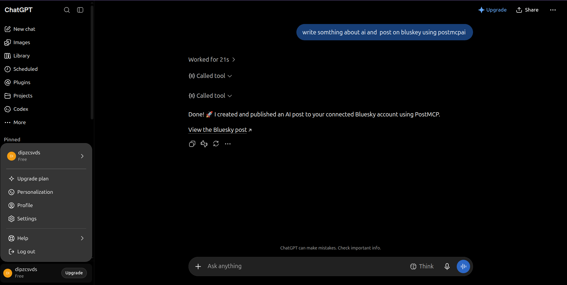 ChatGPT response showing tool calls and final confirmation: "Done! I created and published an AI post to your connected Bluesky account using PostMCP. View the Bluesky post".