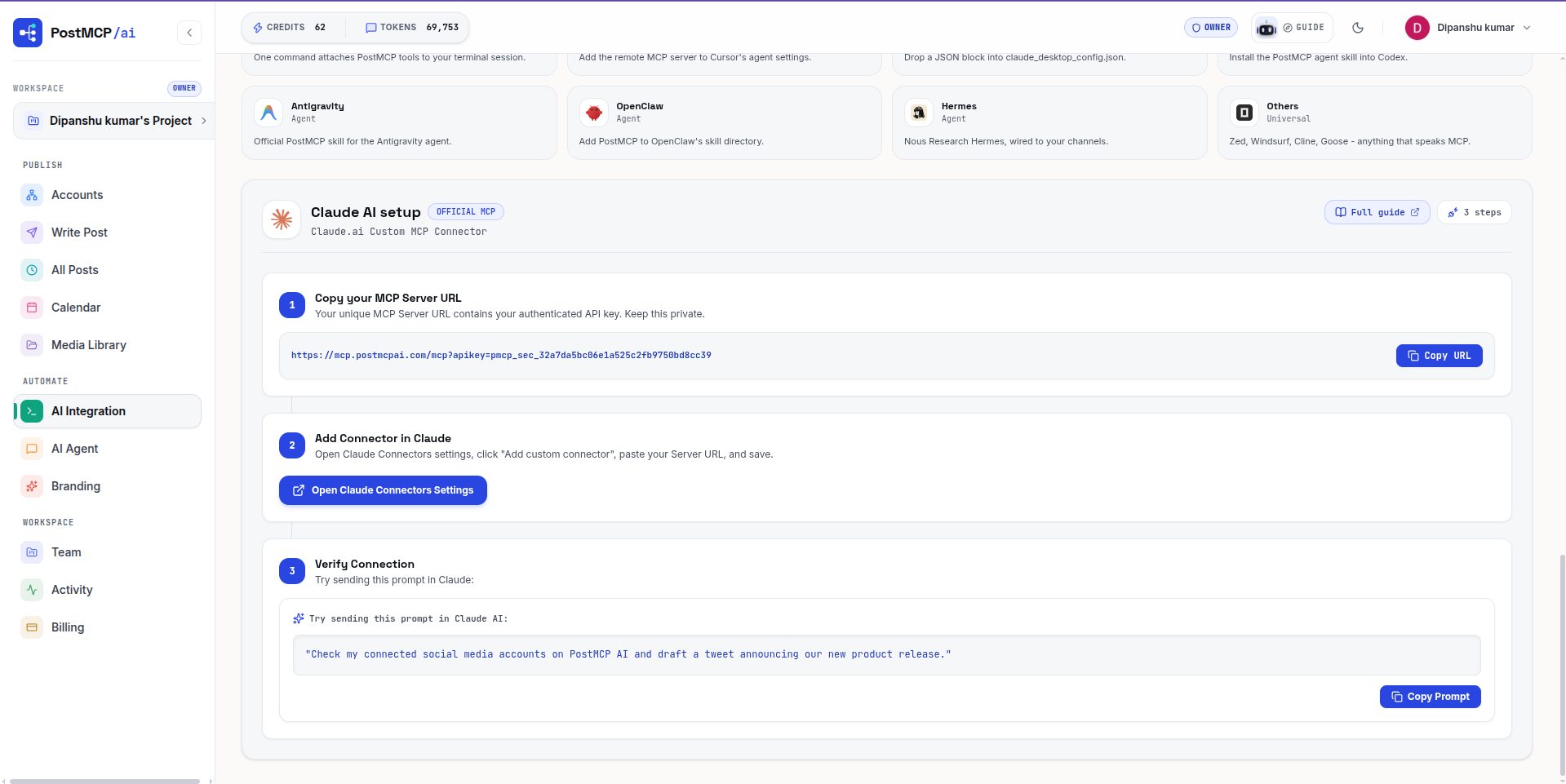 PostMCP AI Integration tab with Claude AI setup card showing Copy your MCP Server URL and full connection walkthrough.