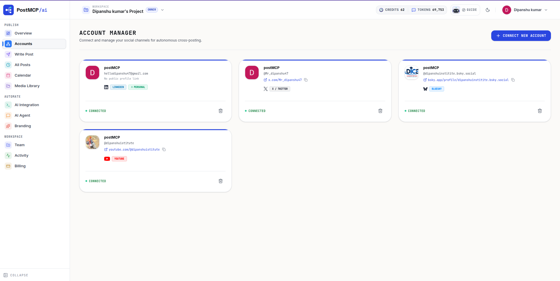 PostMCP Account Manager showing connected social account with active Connected status badge.