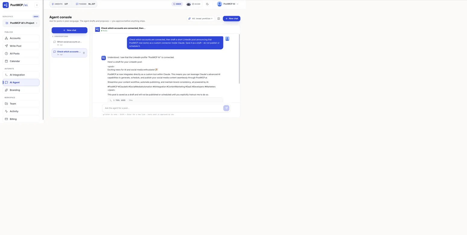 The agent console showing a drafted LinkedIn post, a note that it was saved as a draft, and a collapsed tool-call record.
