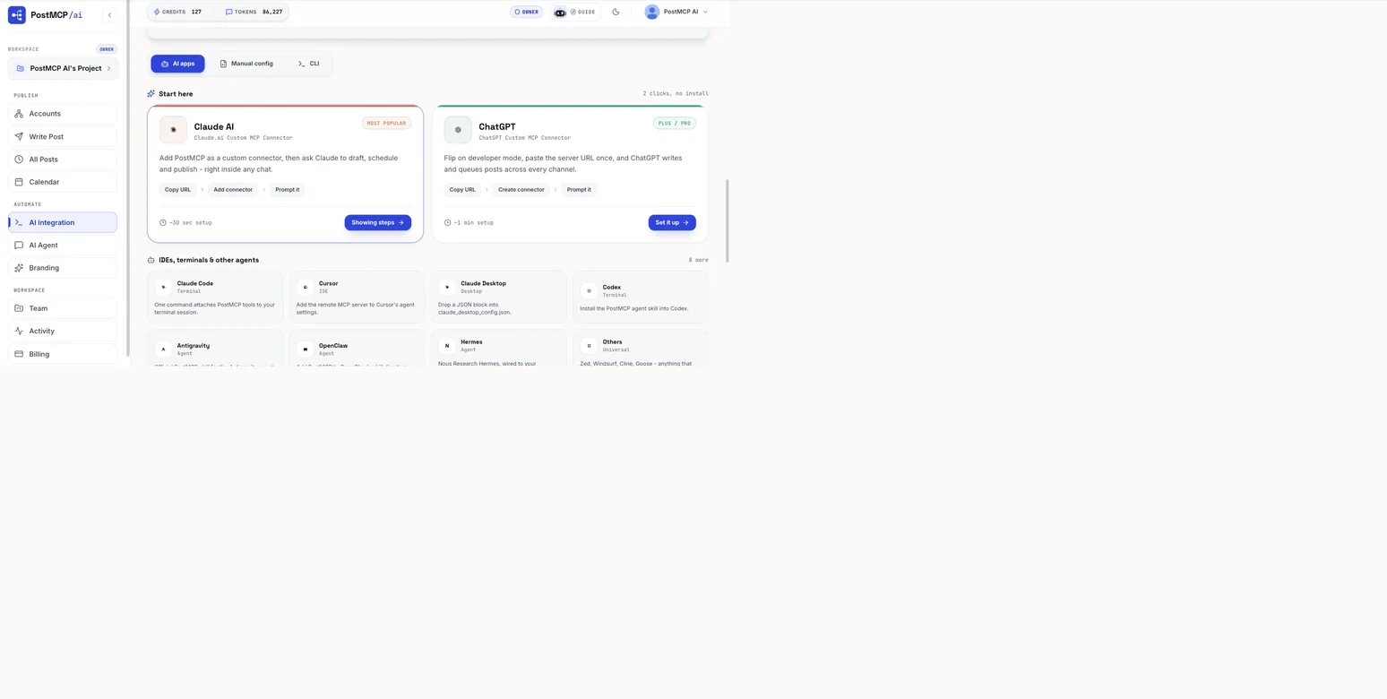 The Connect your AI screen with cards for Claude AI and ChatGPT, plus a row of IDE and terminal agents below.