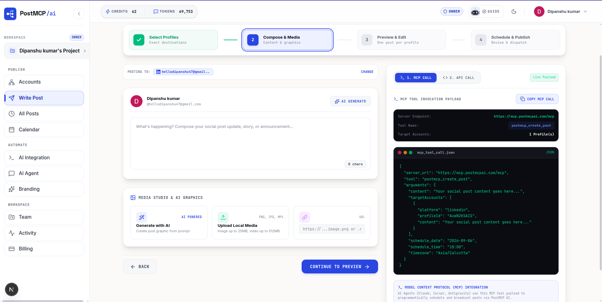 PostMCP Composer with live MCP tool invocation payload in JSON.