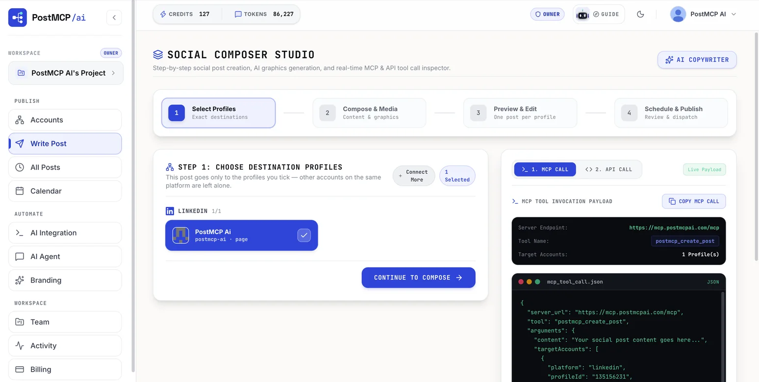 The PostMCP composer with profile selection on the left and a live MCP tool invocation payload in JSON on the right.