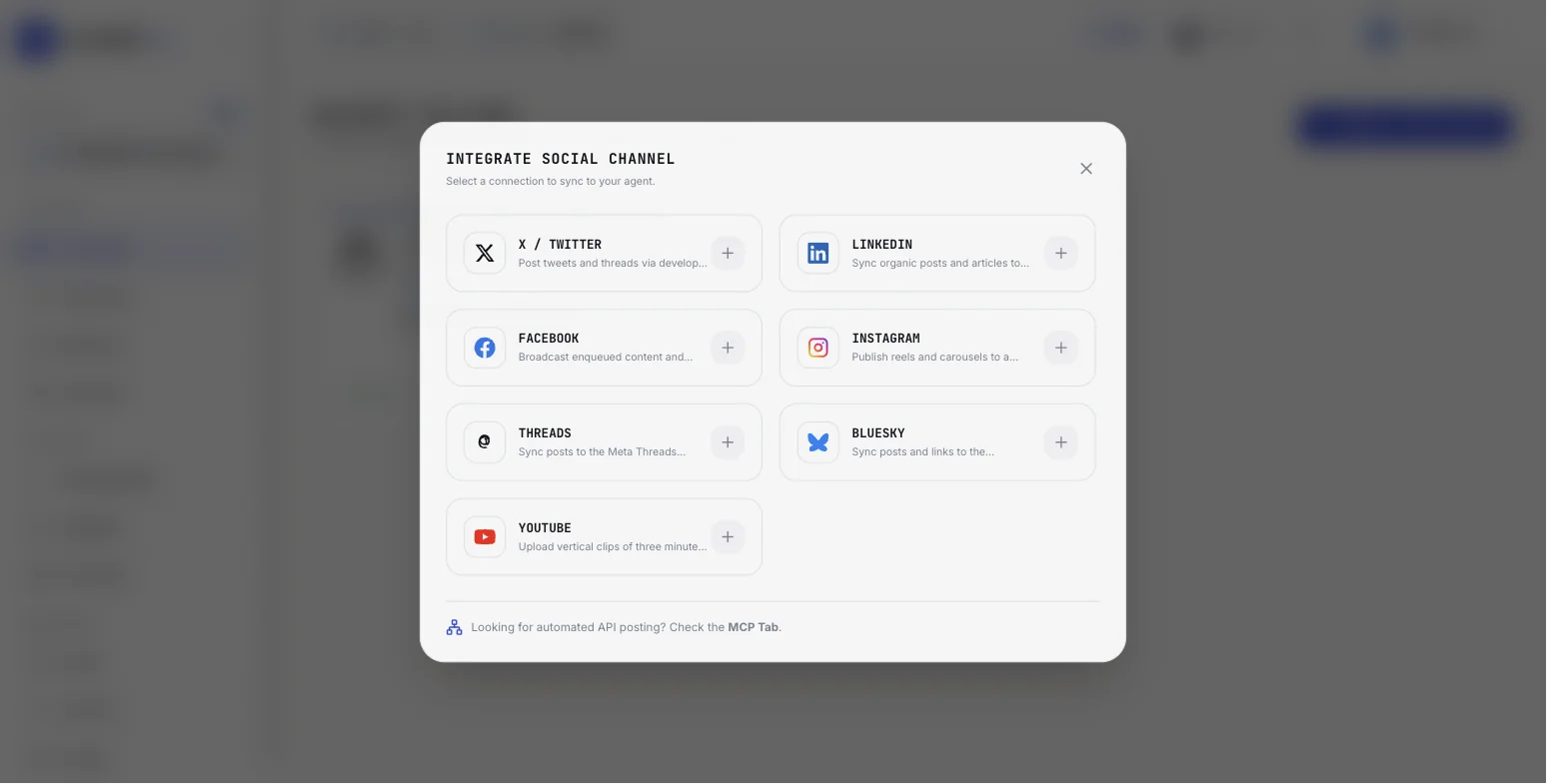 The Integrate Social Channel dialog listing X, LinkedIn, Facebook, Instagram, Threads, Bluesky and YouTube.
