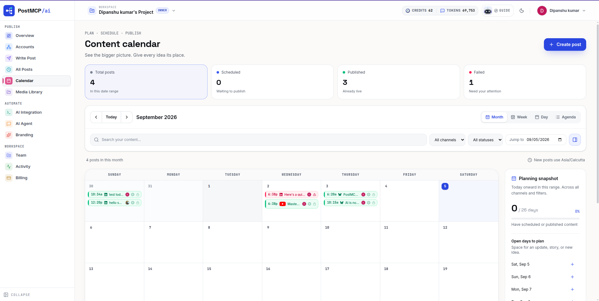 PostMCP Content Calendar month view showing scheduled and published posts across all connected networks.