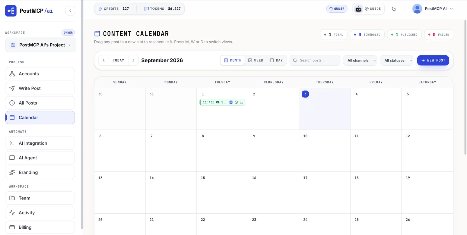 The PostMCP content calendar in month view with a published post on one day and counters for total, scheduled, published and failed.