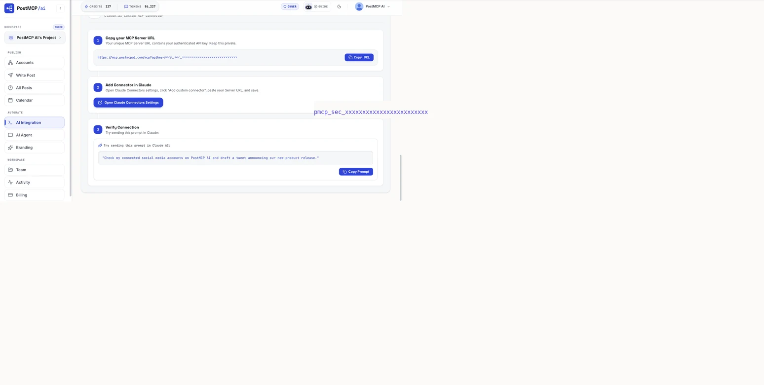 Three setup steps for Claude: copy the MCP server URL, add the connector in Claude, then verify with a prompt. The API key in the URL is masked.