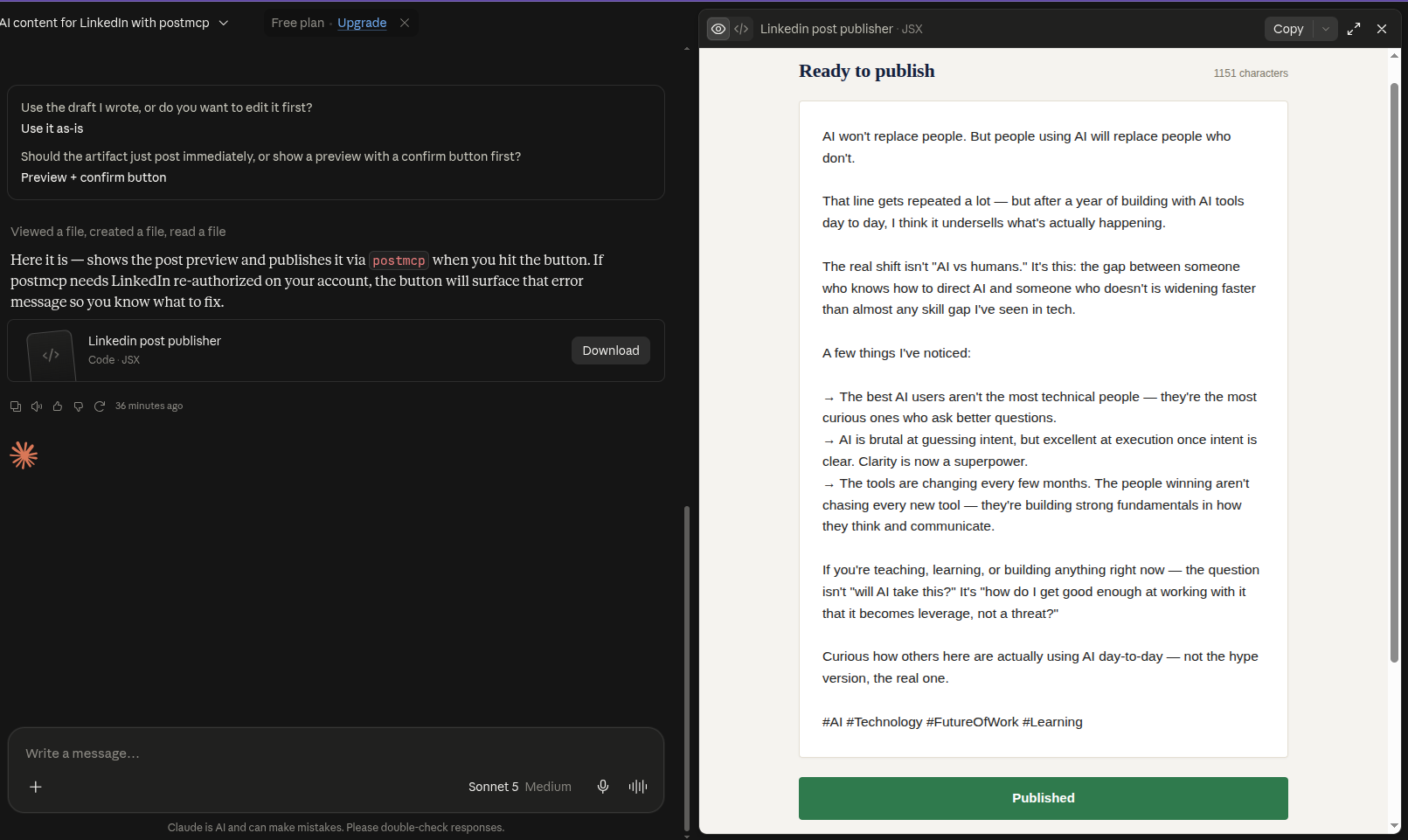 Claude publishing LinkedIn post via PostMCP showing interactive preview artifact, 1151 characters, and green Published confirmation button.