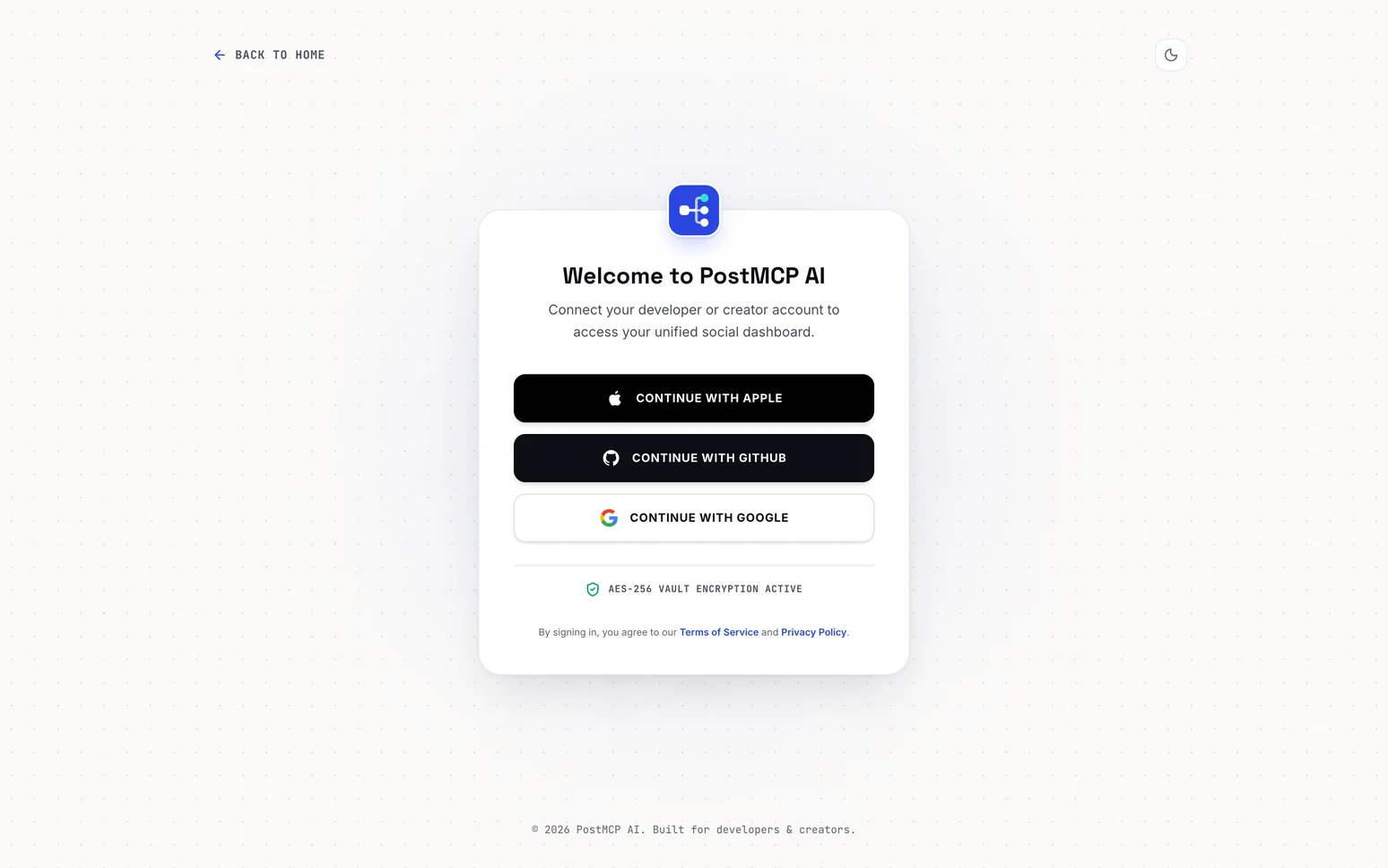 The PostMCP AI sign-in screen with Continue with Apple, Continue with GitHub and Continue with Google buttons.