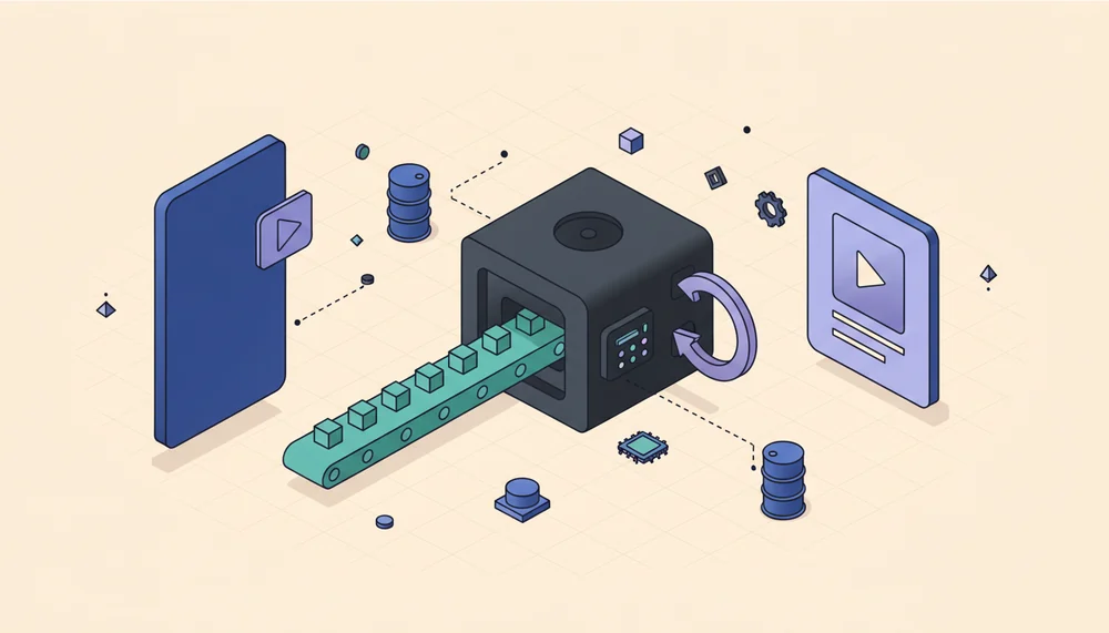 Isometric diagram of the PostMCP YouTube API pipeline: a vertical video panel feeding chunks through a resumable upload machine to a published Short