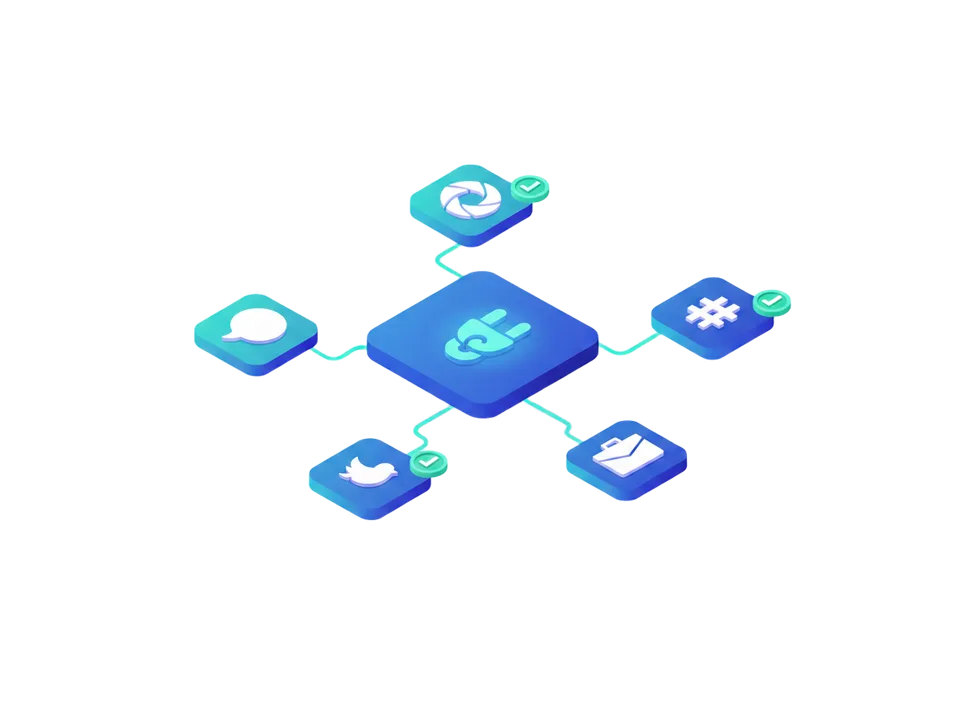 Isometric hub tile wired to six connected social app tiles, each with a green check