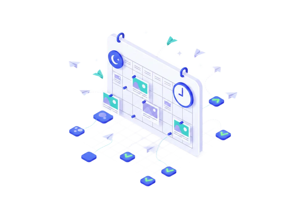 Isometric calendar board with pinned posts, a clock, and paper planes flying out to network tiles